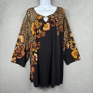 Susan Graver Top Womens 3X Black Animal Print Floral Liquid Knit Keyhole Stretch